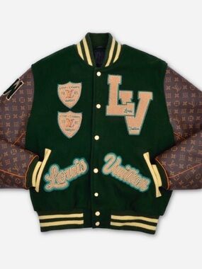Louis Vuitton Dark Green Wool Jacket with Tan and Teal Patches - Unisex